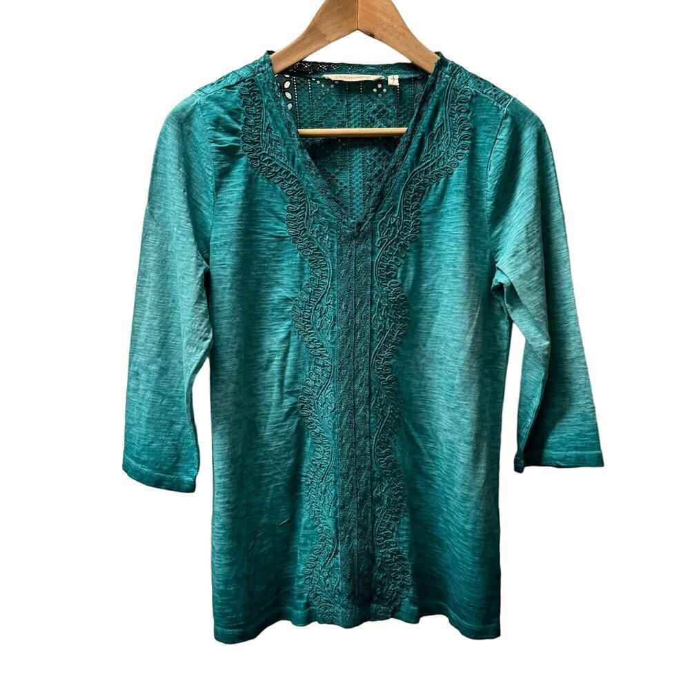Soft Surroundings Teal Eyelet Knit Boho V-cut Quarter Sleeves Top Women's sz S